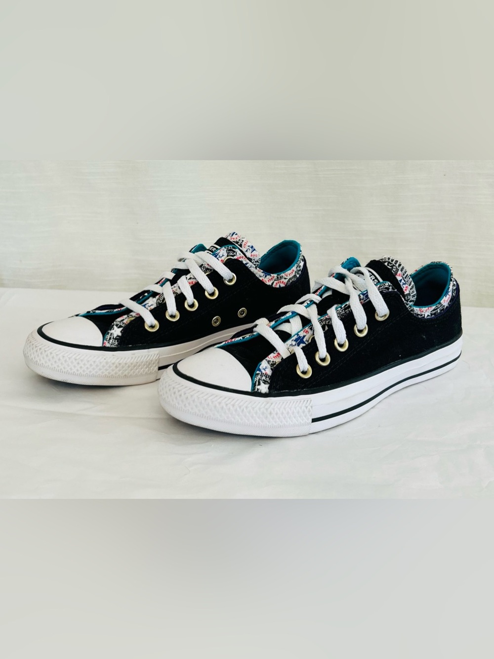 Converse All Star Double Upper Black Low-Top Sneakers with Teal & Print Lining